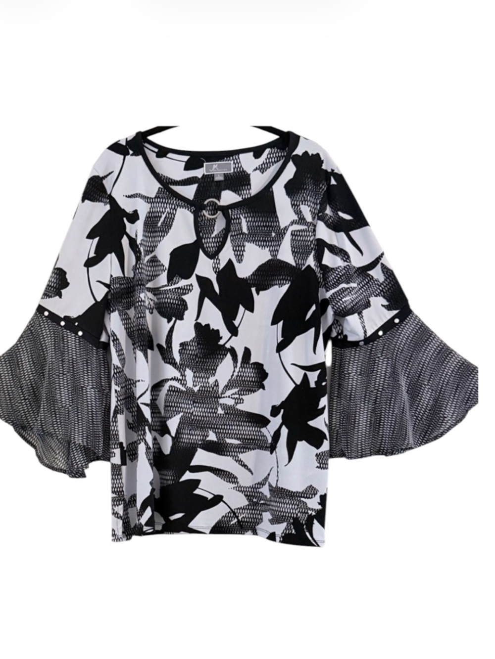 JM Collection Black & White Floral Bell-Sleeve Tunic with Stud Detail Size L